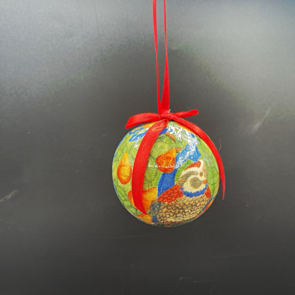 4 Vintage Silk Lace Foam Christmas Ball Ornaments Multicolor w/ Red Ribbon Bow